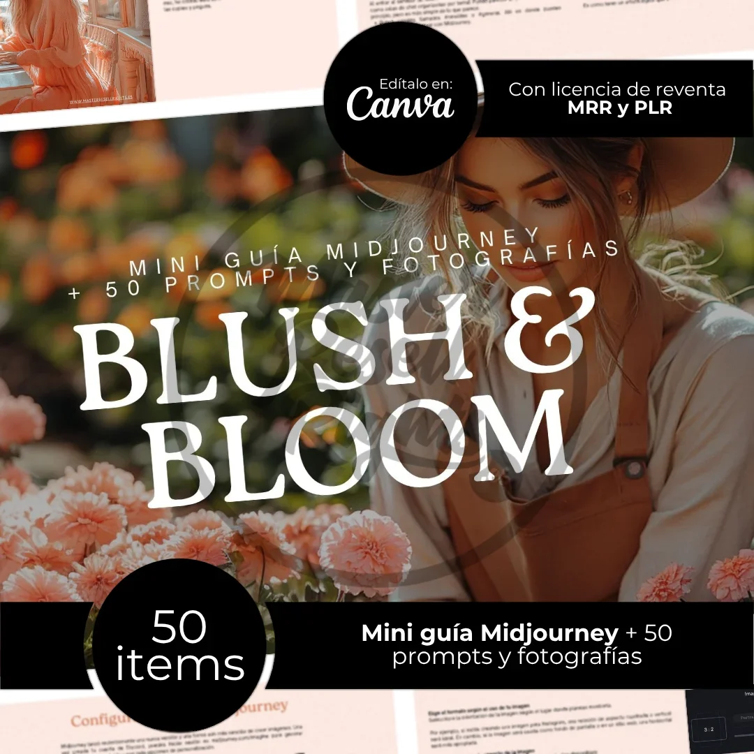 Blush & Bloom - Mini Guía Midjourney + 50 Prompts y fotografías eBook con MRR y PLR